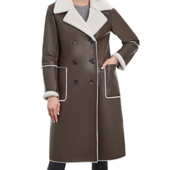 NEWN BCBGMaxAzria Brown Trench Coat Women's Double-Breasted Faux-Shearling